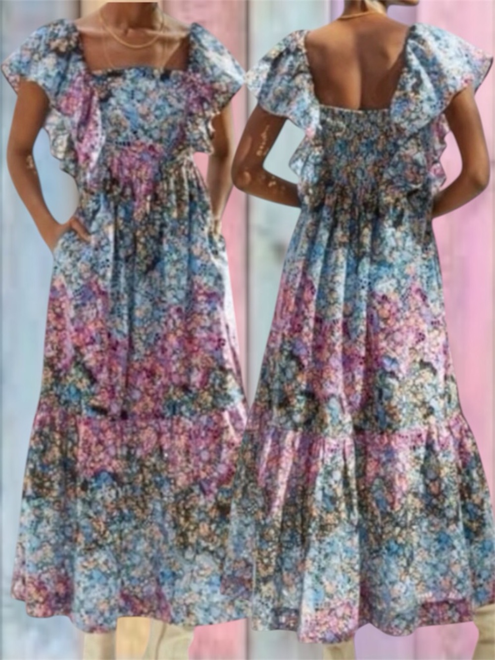 Anthropologie Blue Black Pink Floral Embroidery Ruffle Eyelet Lined Maxi Dress